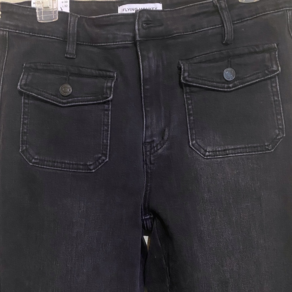 NWT Flying Monkey Black High Rise Flare Stretch Jean SZ 30 Patch Pockets Retro - Picture 7 of 13